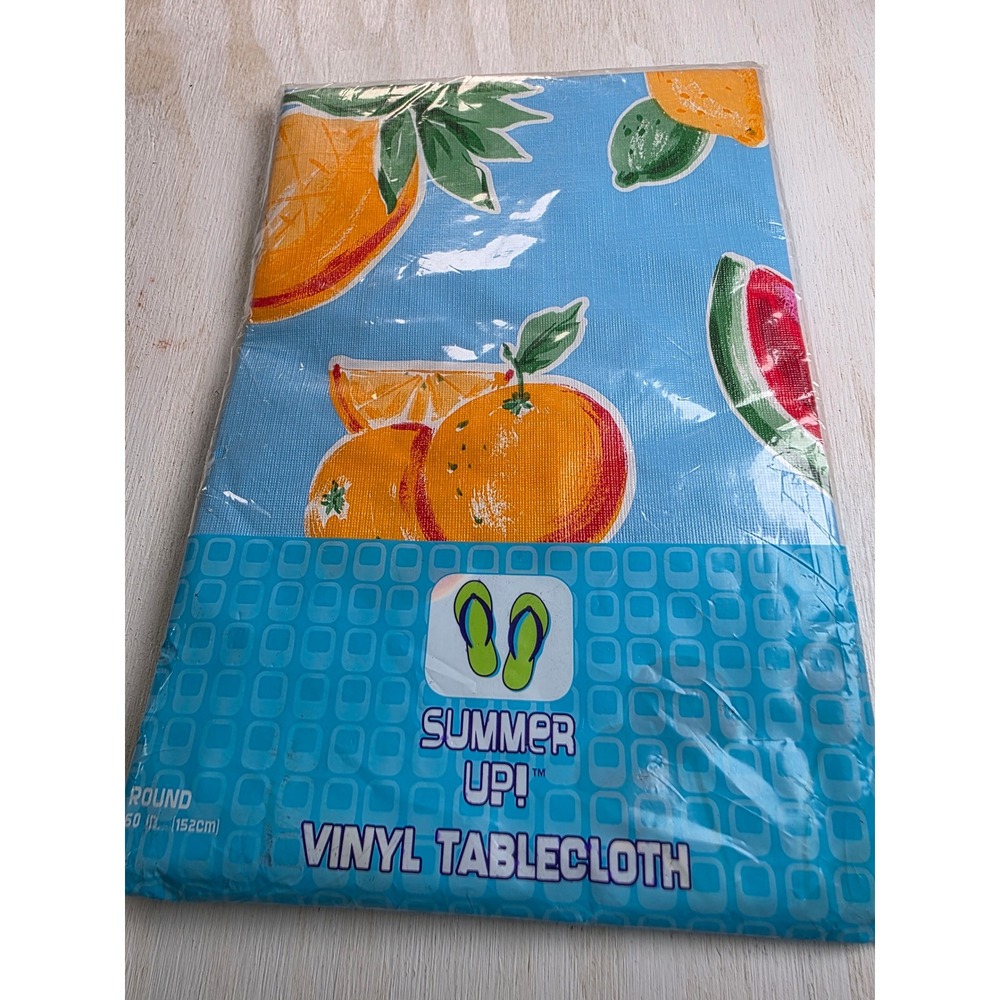 Summer Up! Round Vinyl Tablecloth 60 Inch Fruit Print Blue Watermelon Orange NEW